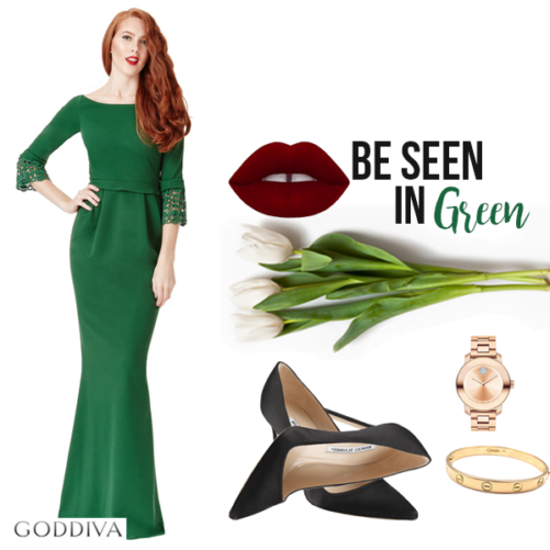 Vestito vintage lungo manica ricamata verde smeraldo Goddiva