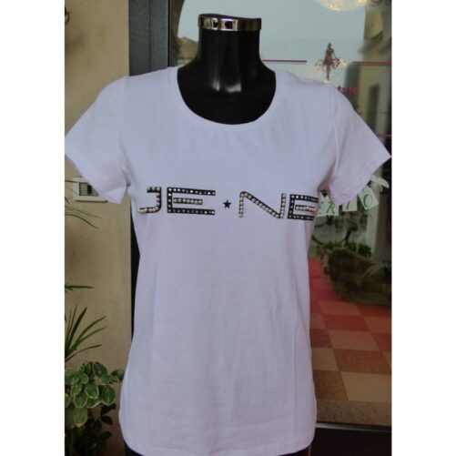 T-shirt con la scritta Jenè decorata con perline