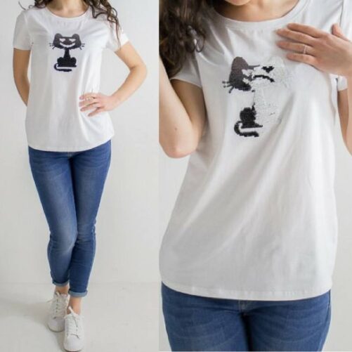 T-shirt cotone manica corta con paillettes reversibili gatto Mimì Muà
