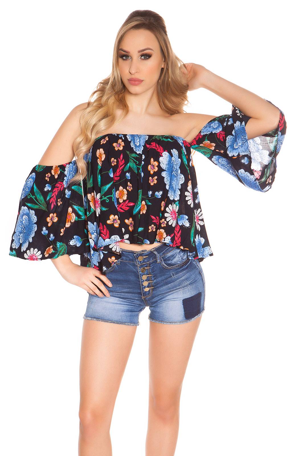 Maglietta cocktail a fiori spalle scoperte