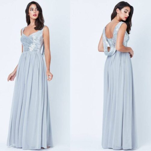 COWL BACK SEQUIN AND CHIFFON MAXI DRESS silver DR1278