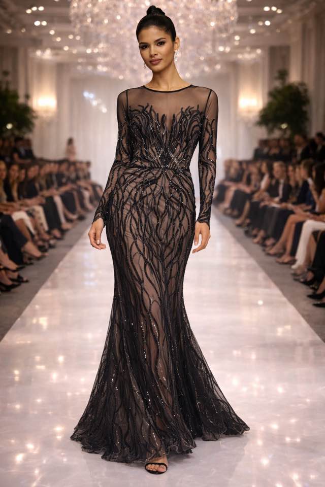 Abito Sfilata Couture – Effetto Gioiello Nero