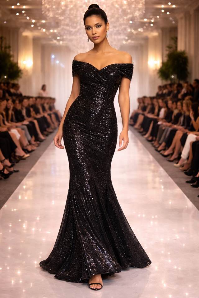 Abito Lungo Sirena Paillettes – Black Glam