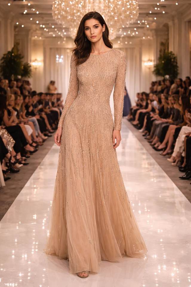 Abito Lungo Elegante Effetto Luce – Champagne Nude