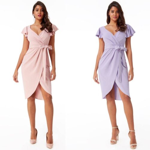 PLEATED WRAP MIDI DRESS WITH FLARED SLEEVES