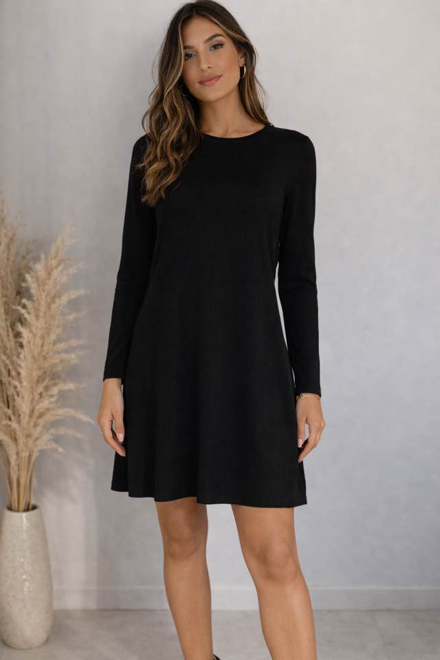 SC-Dollie 748: Abito Nero Semplice in Mix di Viscosa e Nylon - Eleganza e Comfort in Lunghezza Midi