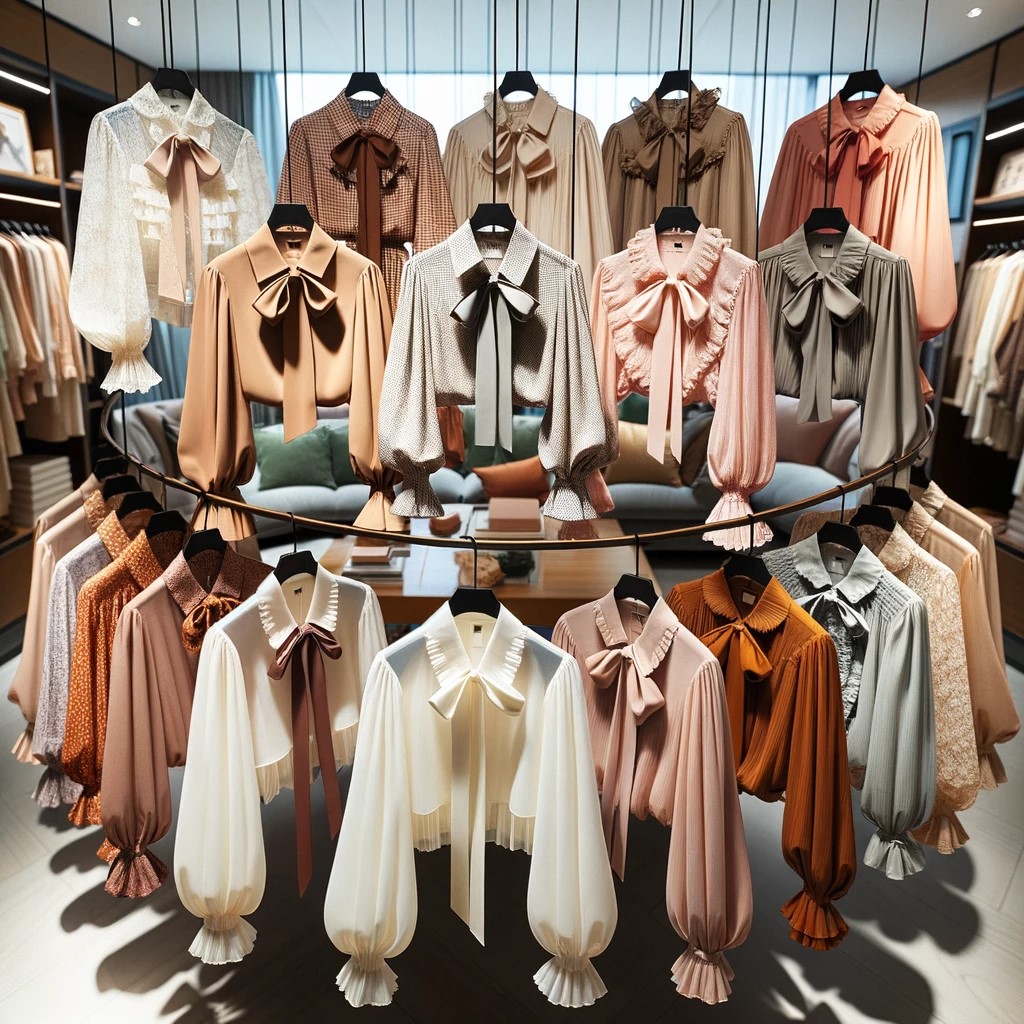 Collezione di bluse autunnali in vari stili e colori, sospese in un ambiente di ufficio, rappresentando la versatilità e l'eleganza del guardaroba femminile professionale.