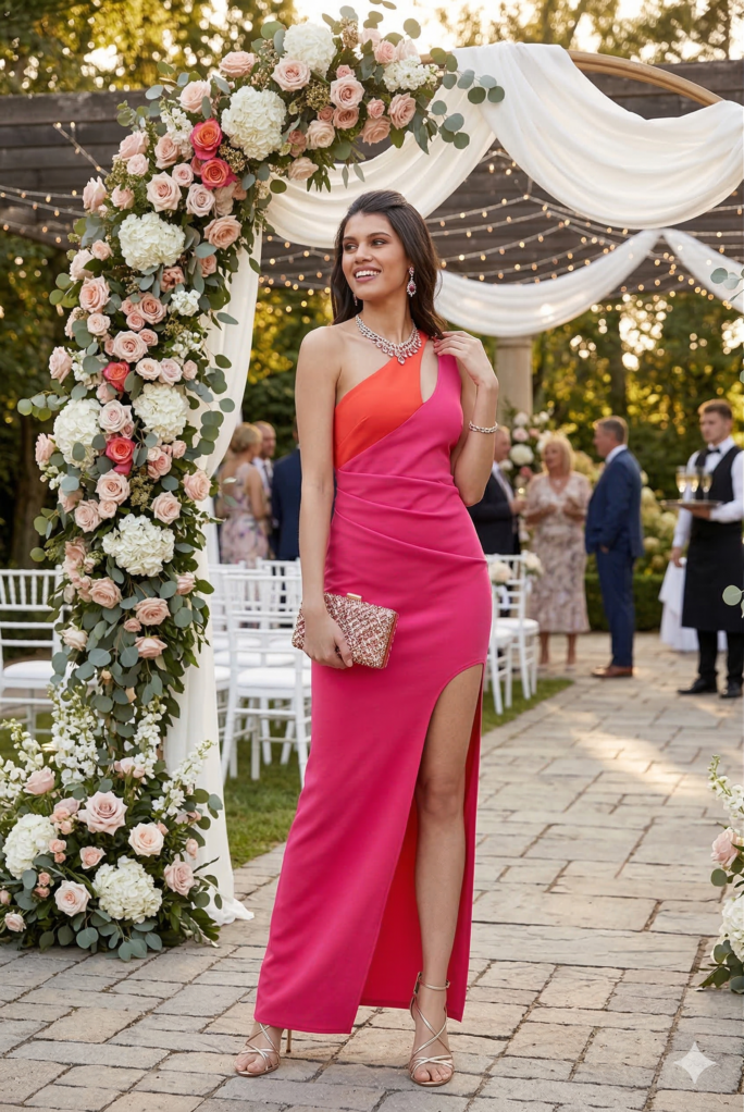 CUT OUT ONE SHOULDER MAXI DRESS, ARANCIONE E FUCSIA BICOLORE