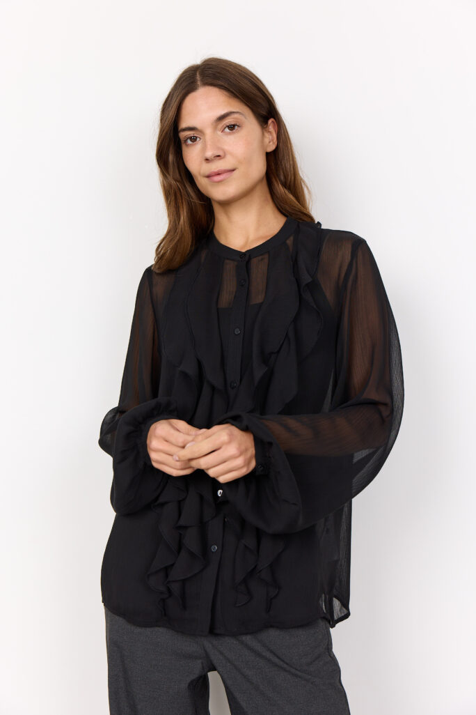 Blusa nera Soya Concept Naia 1 con volant vista frontale