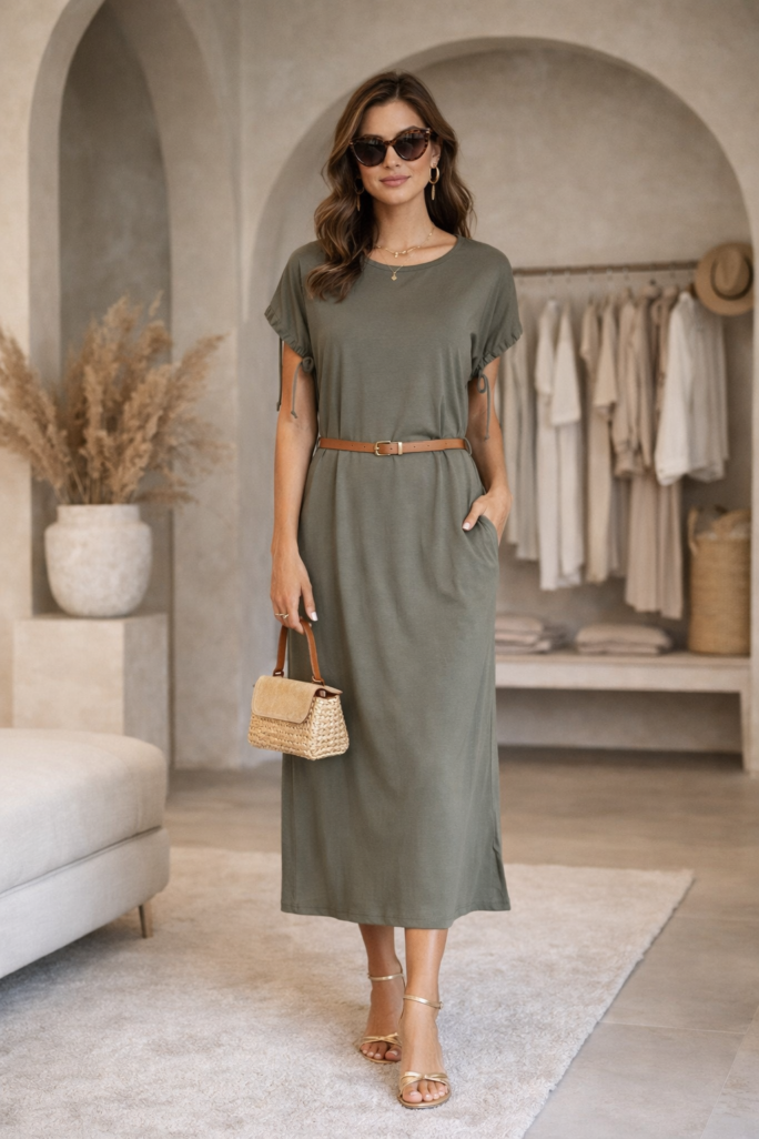 VESTITO MIDI SC-DERBY 36 IN 100% COTONE BIOLOGICO CON MANICHE REGOLABILI, VERDE SALVIA, TG S-XXL