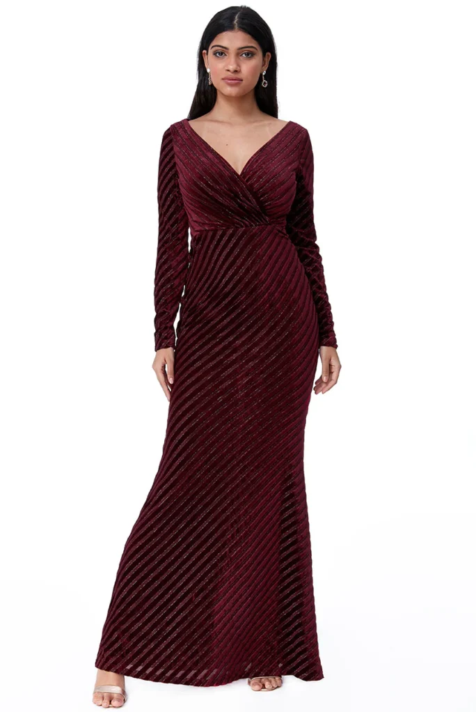 Goddiva Velvet Stripe Maxi Dress – Nero e Bordeaux