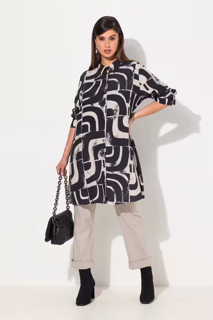 Blusa lunga in viscosa con stampa grafica – Bianco/nero, maniche lunghe