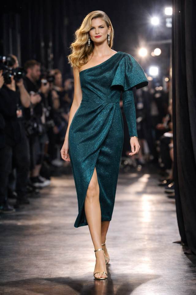 Abito elegante monospalla con effetto brillante