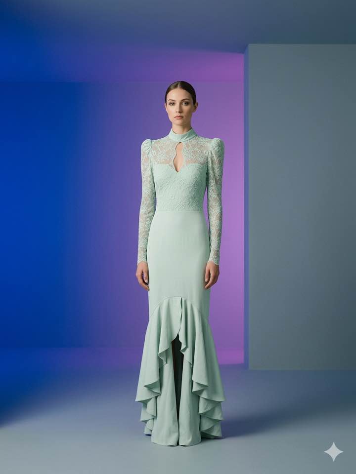 Abito lungo elegante verde salvia con pizzo