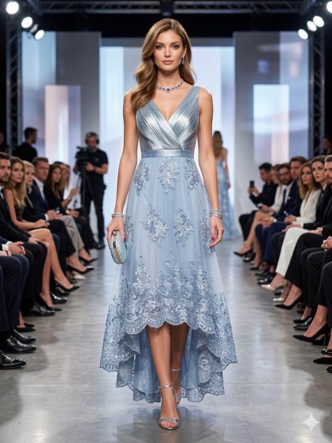 Abito elegante azzurro con pizzo e gonna asimmetrica