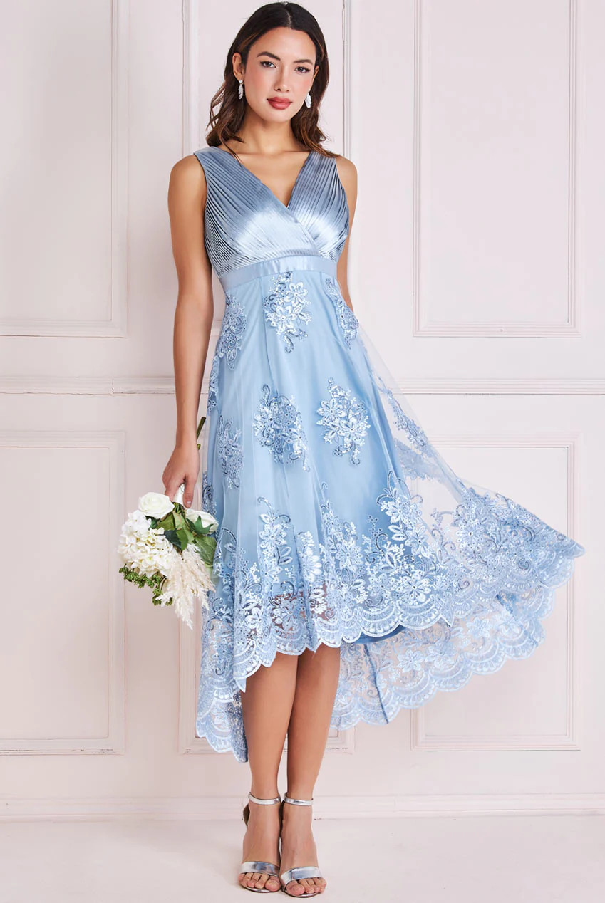 Abito elegante azzurro con pizzo e gonna asimmetrica - immagine 4