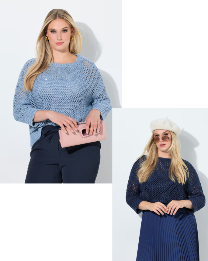 Maglione Donna Curvy con Paillettes Girocollo – Oversize Blu Notte / Azzurro (Taglie 48-58)