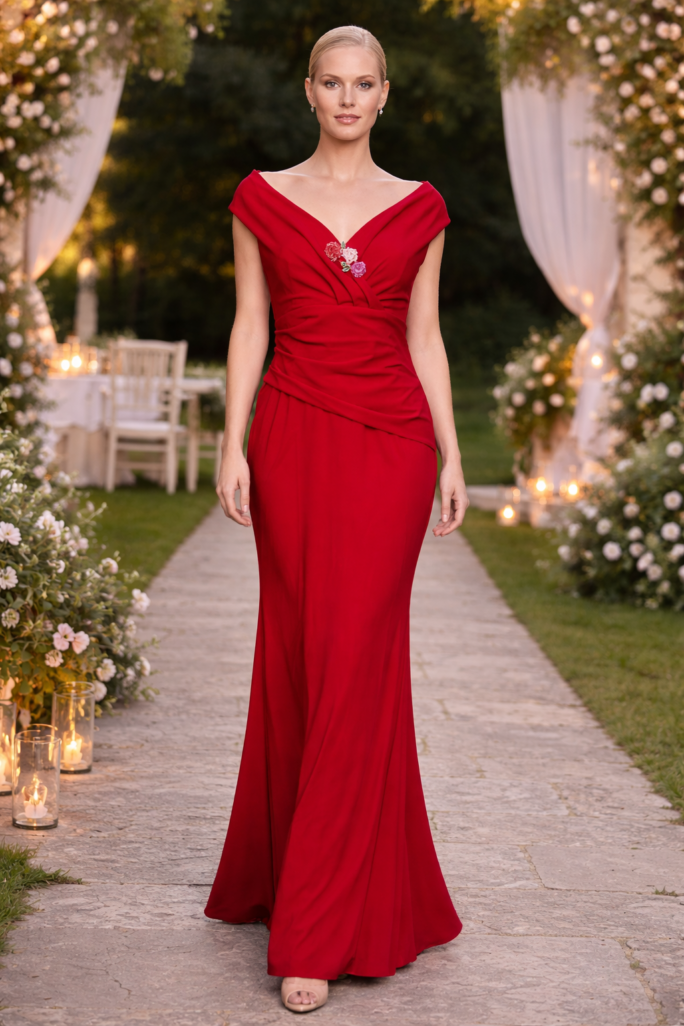 Abito lungo elegante rosso con drappeggio e applicazione floreale