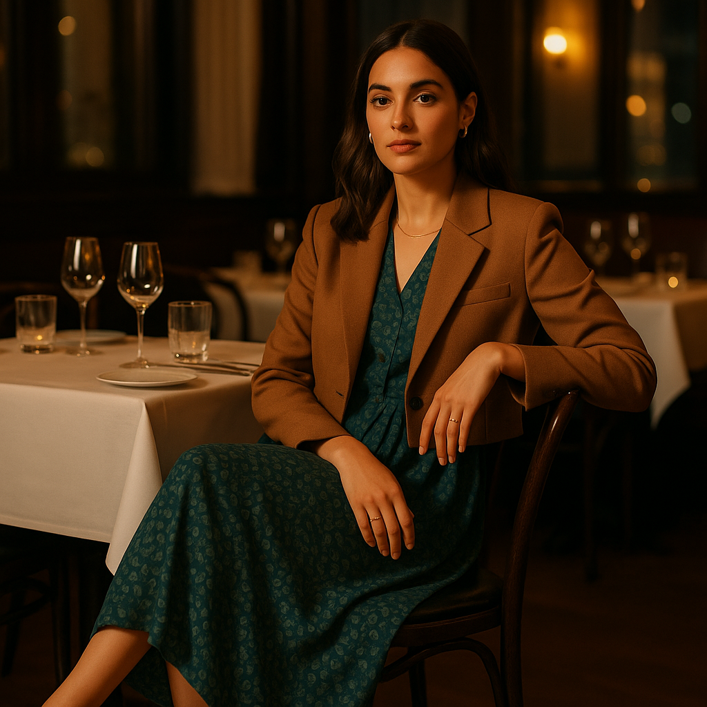 Abito midi fantasia verde petrolio reinterpretato con blazer corto caramello, mocassini bronzo e gioielli dorati per una cena elegante.