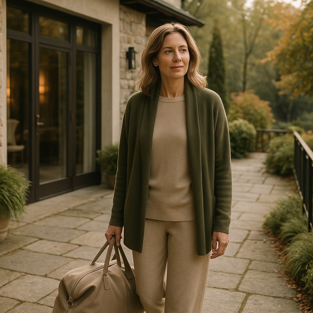 Donna elegante con borsa morbida mentre arriva in un hotel spa con look comodo e curato nei toni beige e oliva.