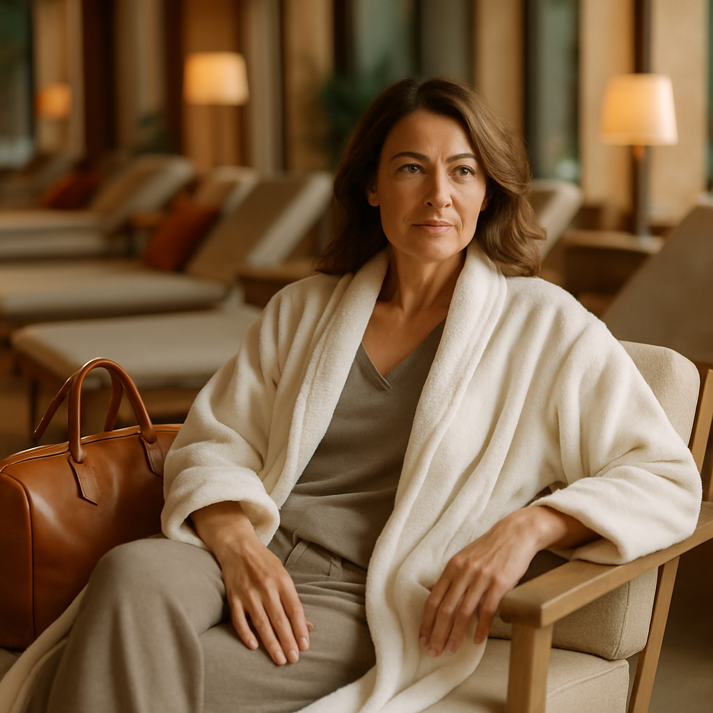 Donna rilassata in lounge di spa hotel con loungewear elegante e borsa weekend.