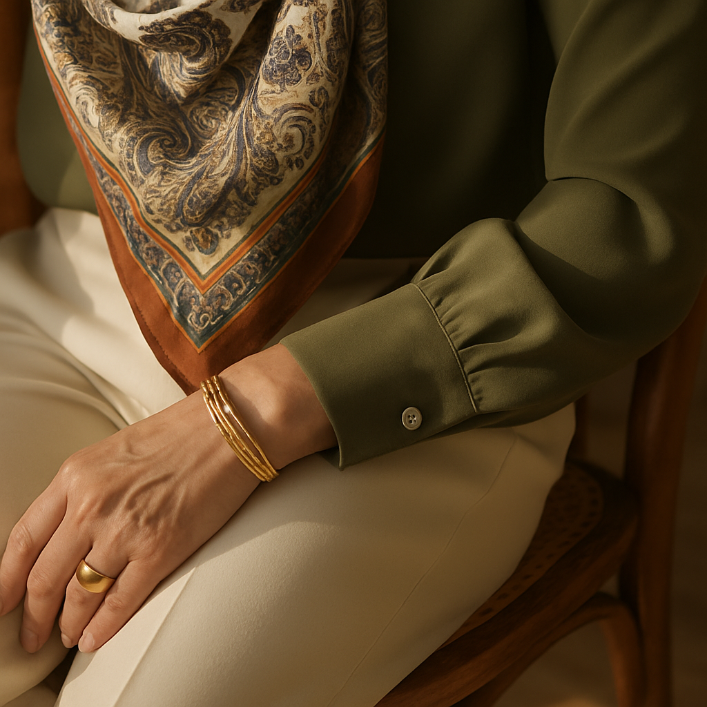 Dettaglio di foulard fantasia, blusa oliva, pantaloni avorio e scarpe cuoio per uno stile over 60 elegante.
