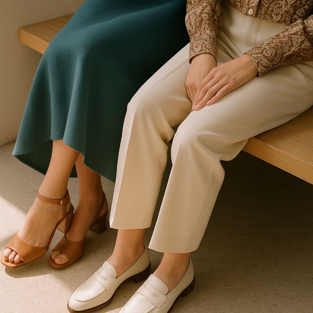 Confronto tra orlo di un abito verde petrolio, pantaloni panna, blusa stampata e scarpe diverse per scegliere meglio il look.