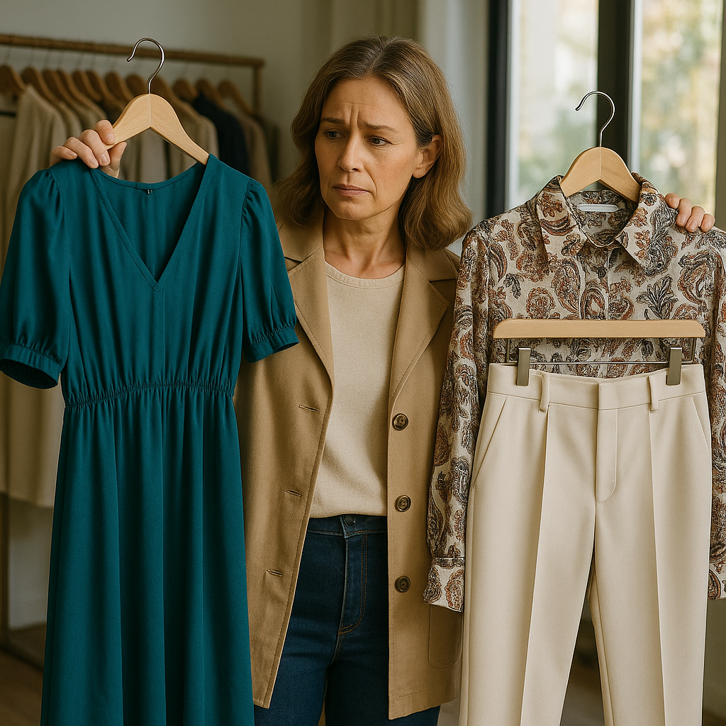 Donna in boutique che confronta un abito midi verde petrolio con pantaloni sartoriali panna e blusa fantasia.