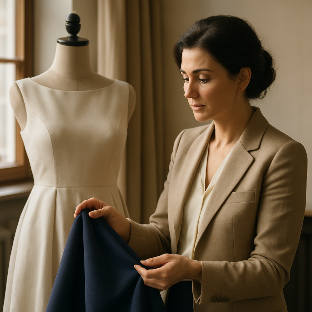 Donna in atelier mentre tocca un tessuto blu notte vicino a un abito elegante su manichino.