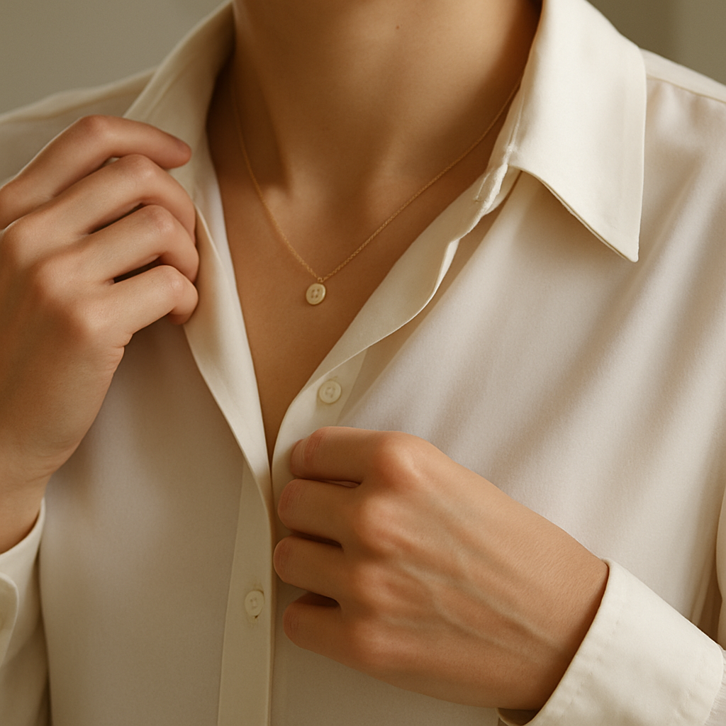 Dettaglio del colletto e del polsino di una camicia fluida chiara con collana delicata.