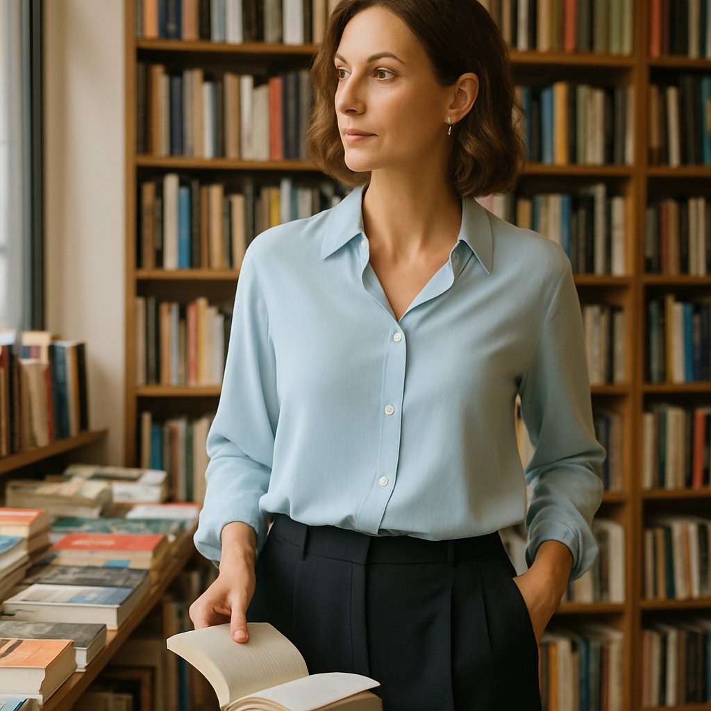 Donna con camicia azzurro chiaro e pantaloni scuri in una libreria luminosa con stile raffinato.