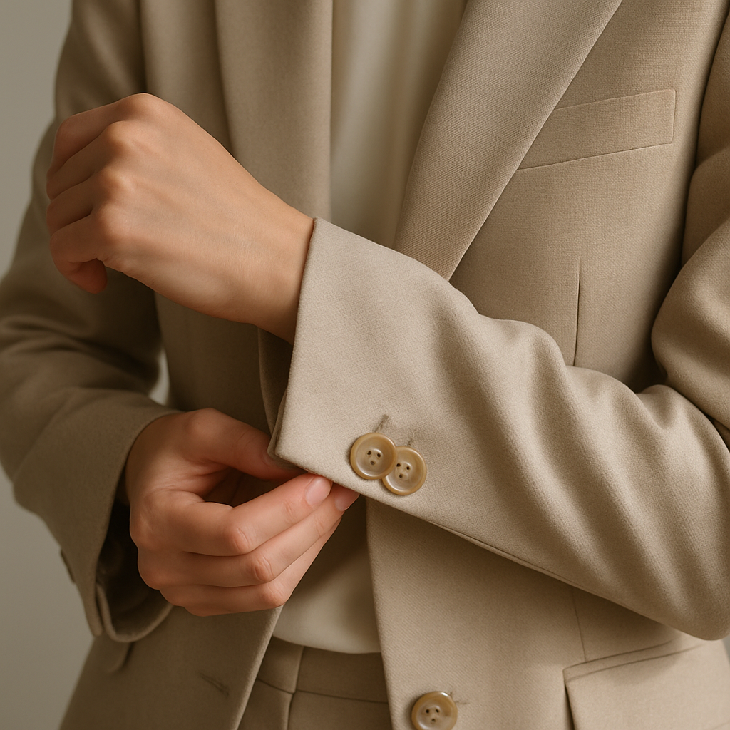 Dettaglio di mani che sistemano il polsino e il bottone di un blazer beige sopra una blusa crema.