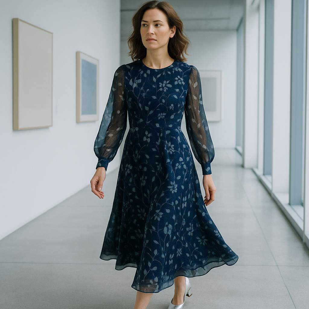 Donna con abito midi blu notte stampato, maniche lunghe trasparenti e scarpe basse argento in una galleria luminosa.