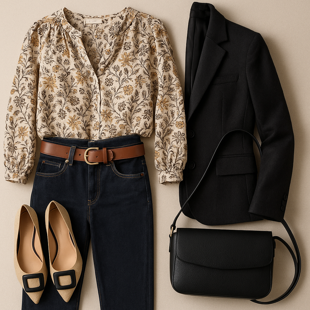 Elementi di outfit che aiutano a sentirsi più sicura: blusa stampata, jeans scuri, giacca, cintura, borsa e scarpe.
