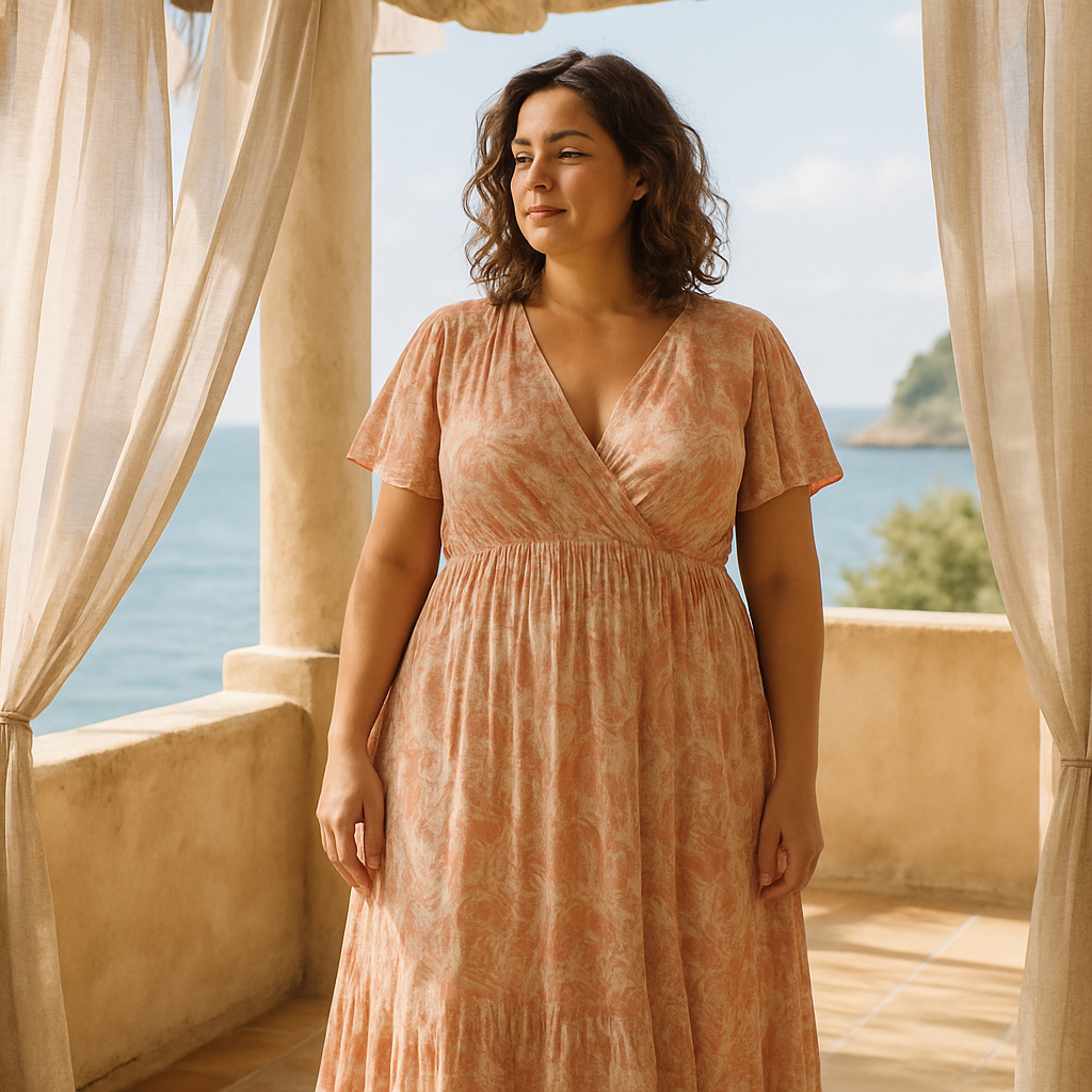 Donna curvy con abito stampato estivo su una terrazza italiana sul mare con luce morbida.