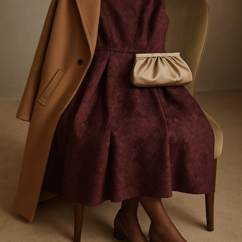 Abito jacquard prugna da cerimonia con cappotto cammello, collant velati, clutch satinata e scarpe bronzo.