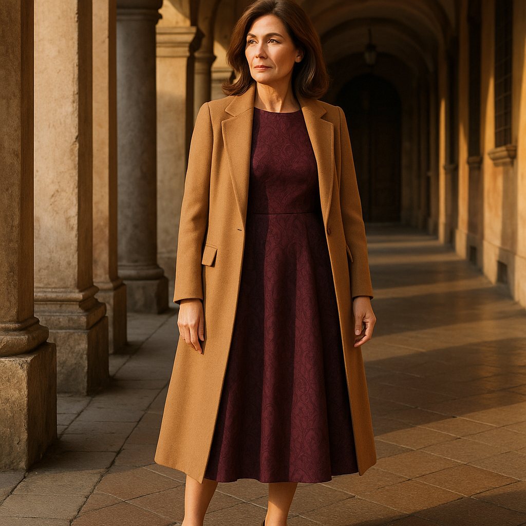 Donna con abito jacquard prugna, cappotto cammello e scarpe bronzo sotto un portico italiano in inverno.