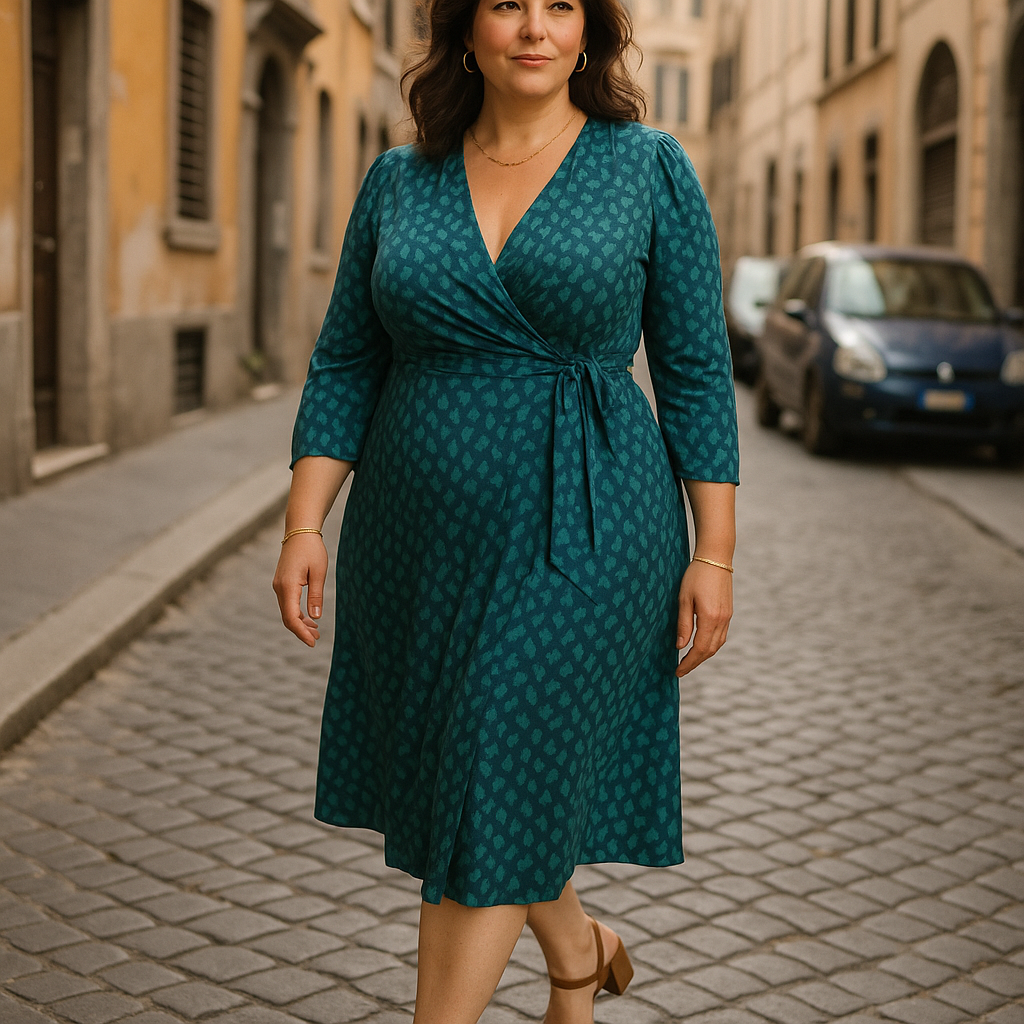Donna curvy con abito wrap stampato verde petrolio e sandali tan in una strada italiana moderna.