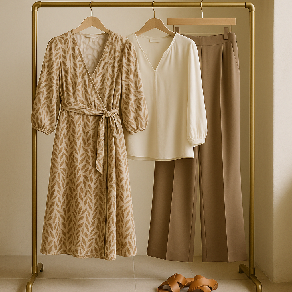 Selezione di capi curvy con abito stampato, pantaloni fluidi, blusa avorio e sandali tan in boutique.