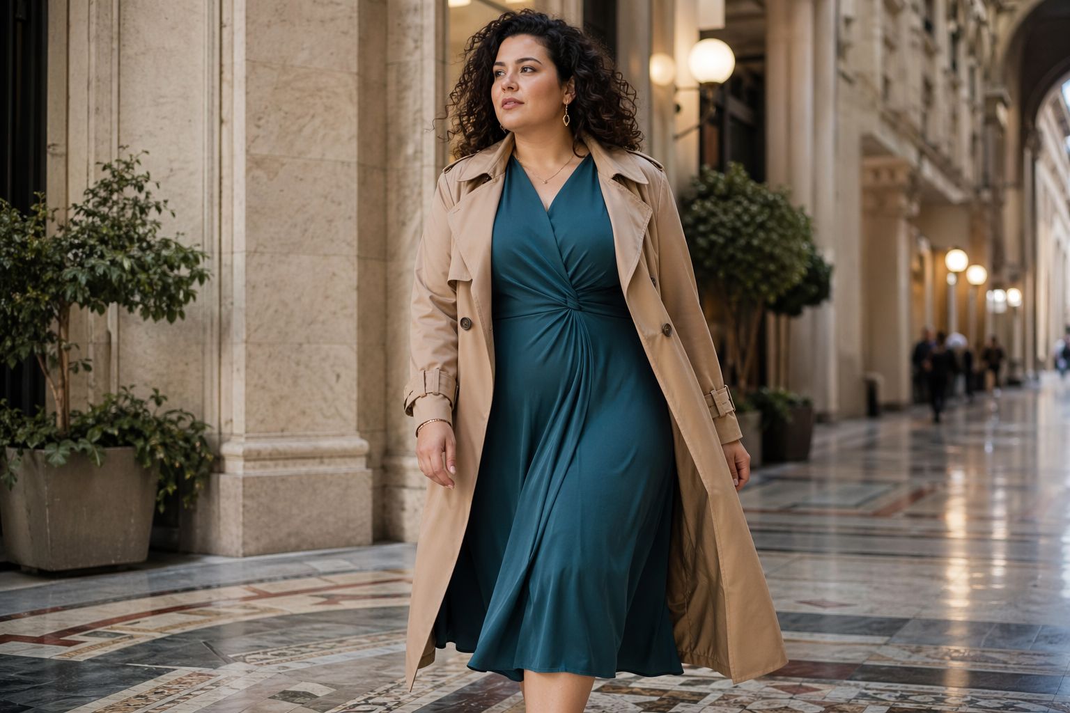 Donna curvy con abito teal e trench camel mentre cammina sotto un portico elegante in una citta italiana.
