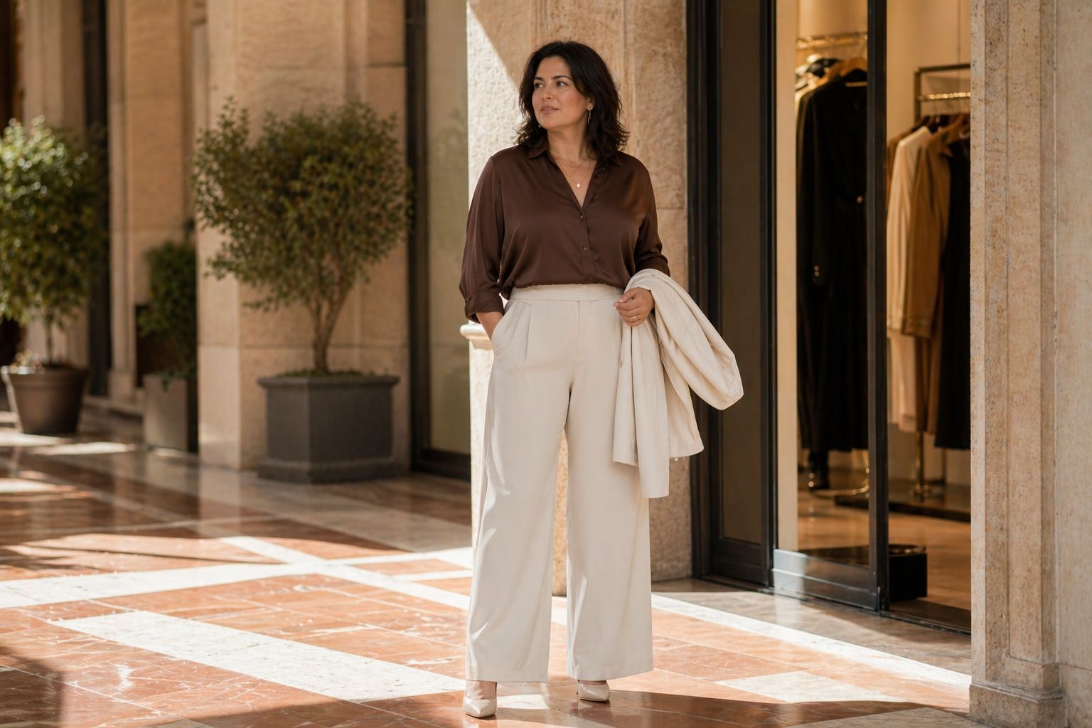 Donna con pantaloni avorio e blusa cioccolato davanti a una boutique sotto un portico italiano.