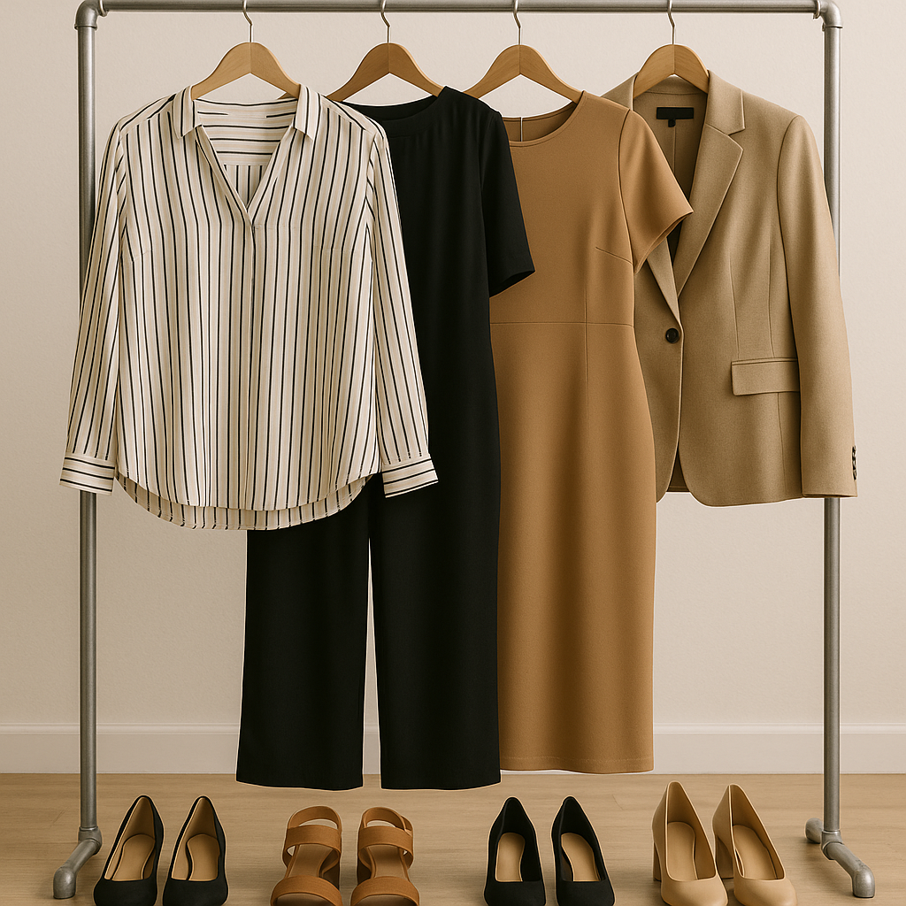 Quattro capi curvy che slanciano appesi insieme con scarpe diverse sotto al rack.