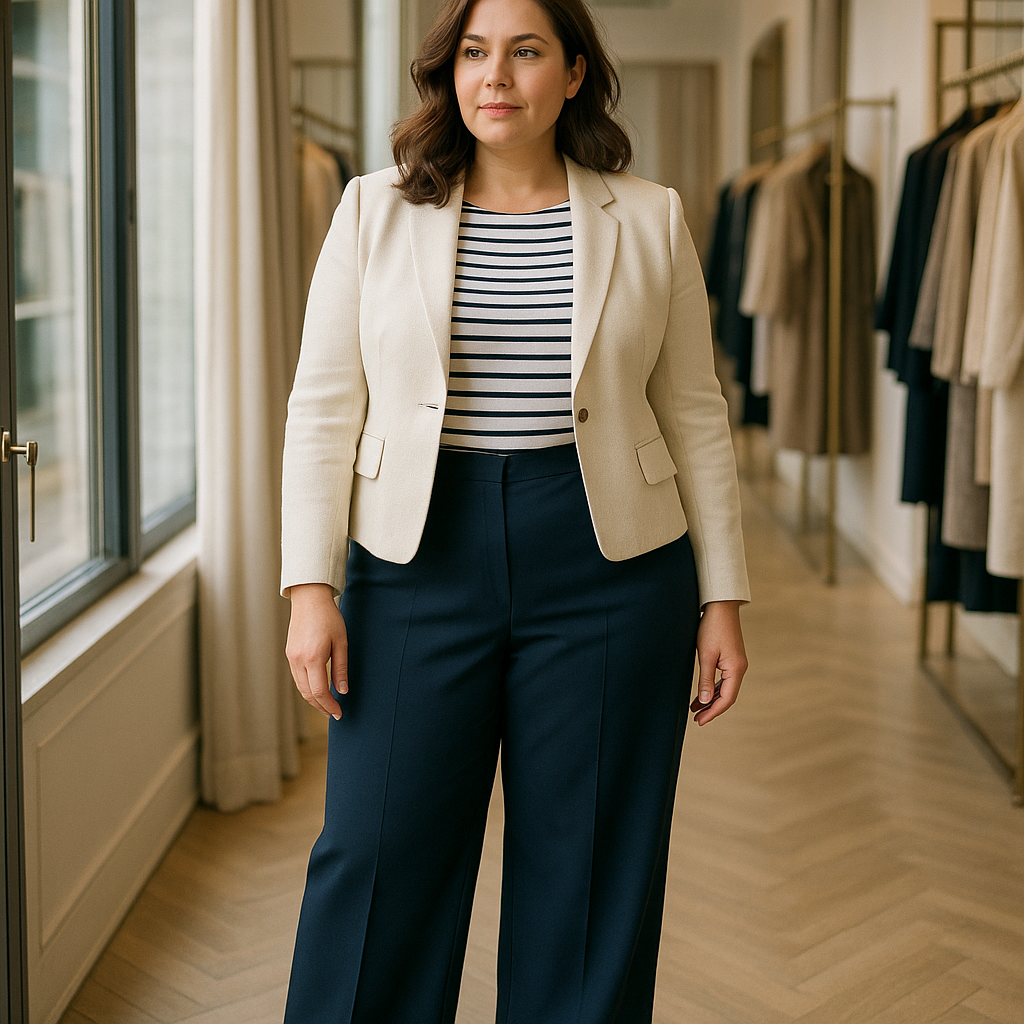 Donna curvy con pantaloni navy, blusa rigata e blazer corto con scarpe rosse basse in boutique.