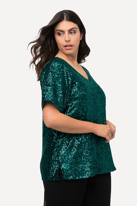 Maglia verde con paillettes scollo a V Ulla Popken da campionario taglia 48-50
