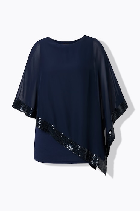 Blusa Ulla Popken blu marine con chiffon e paillettes vista frontale