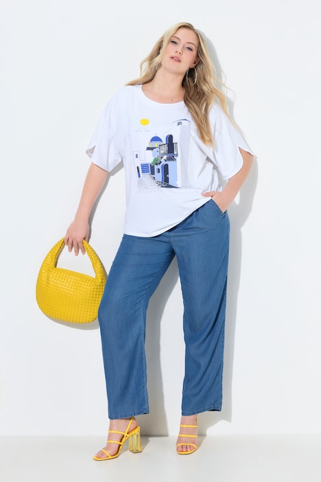 Pantaloni Rose Ulla Popken blu denim a gamba ampia con cintura da annodare