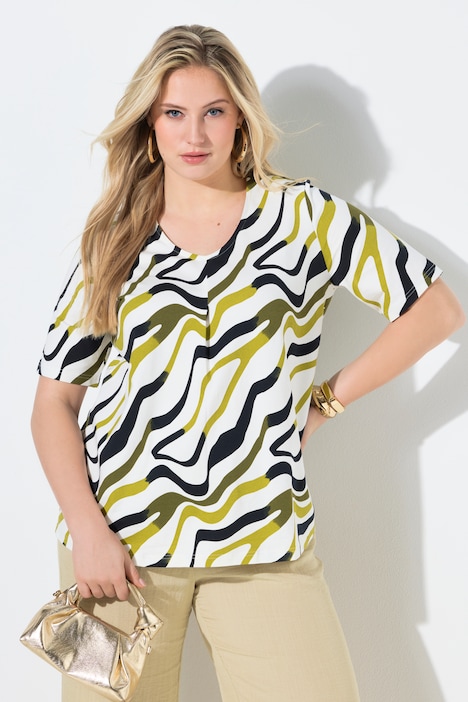 T-shirt Ulla Popken bianco panna a linea A con motivo ondulato