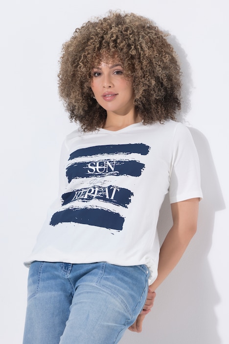 T-shirt con scritta e coulisse allo scollo a V Ulla Popken 848749200