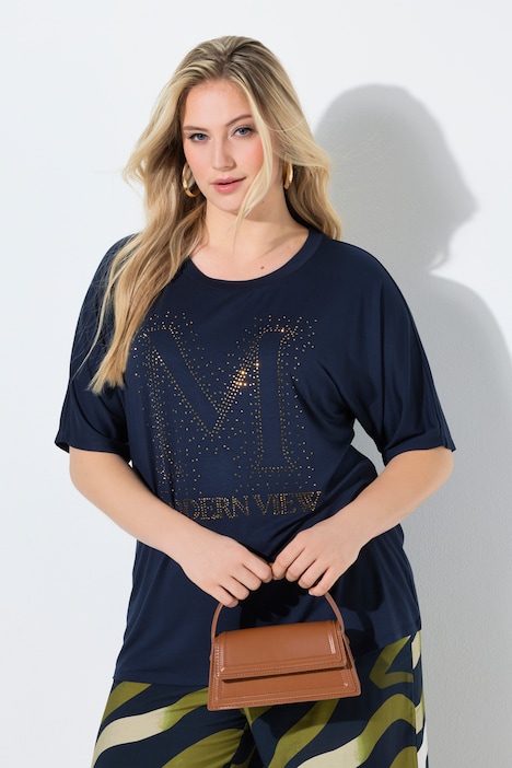T-shirt oversize con strass e scollo rotondo Ulla Popken 848774130