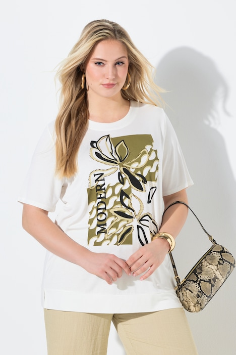 T-shirt con motivo floreale e strass Ulla Popken 848885200